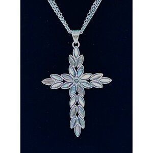 Large Mother Of Pearl Cross Pendant Marquise Stainless Steel Floral Leaf Necklac